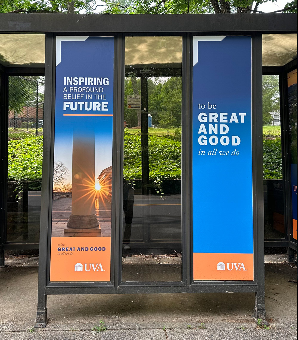 Bus shelters with Great and Good ads mounted in them