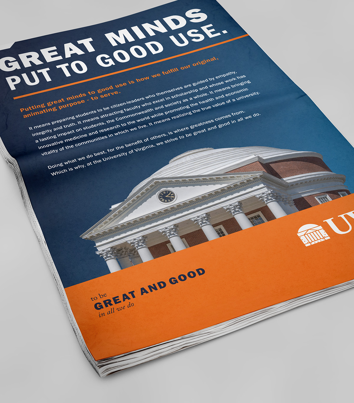 A magazine with the "Great Minds Put To Good Use" ad on the cover
