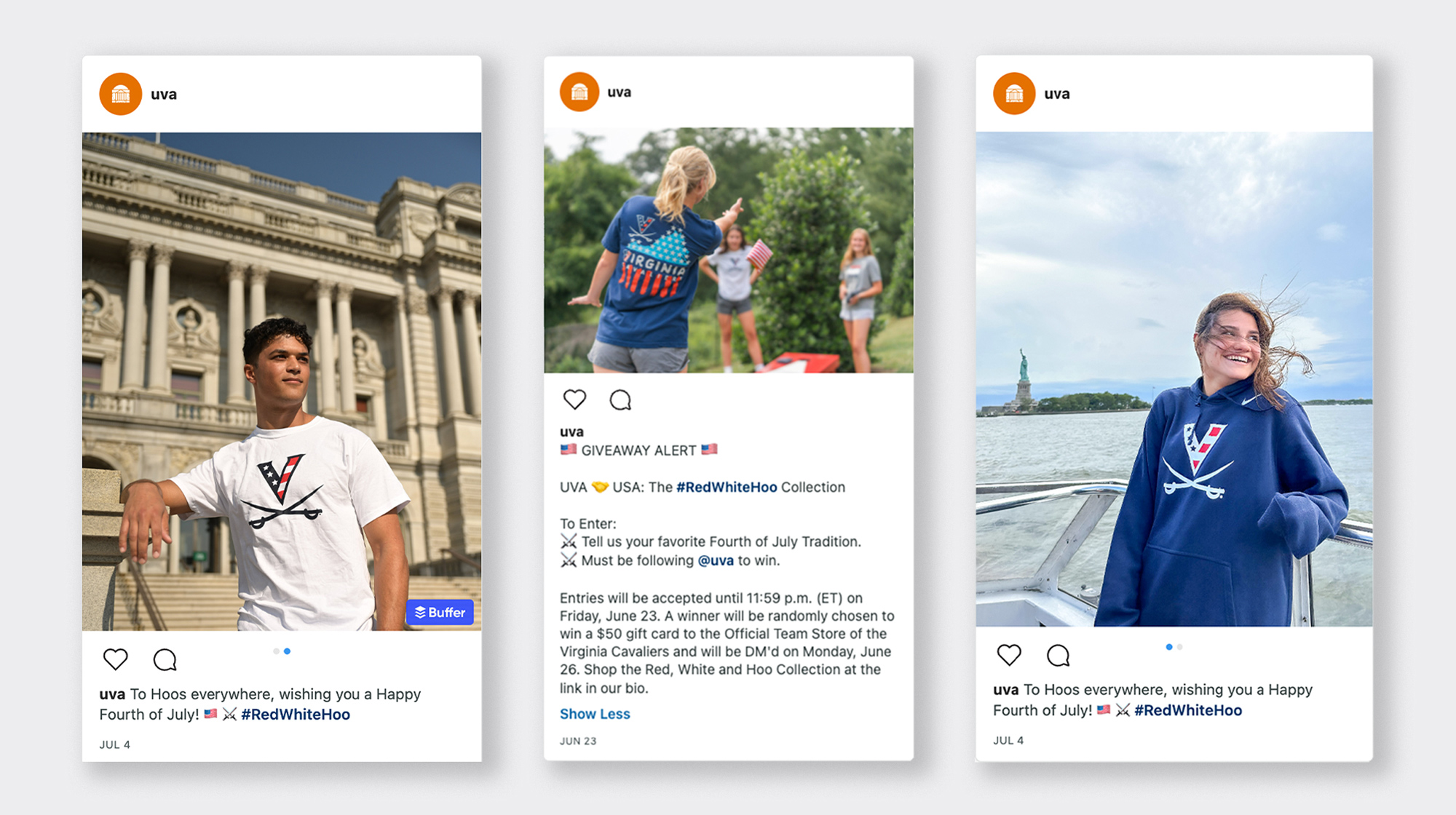 Three instagram styled posts with Red, White, and Hoo attire being modeled